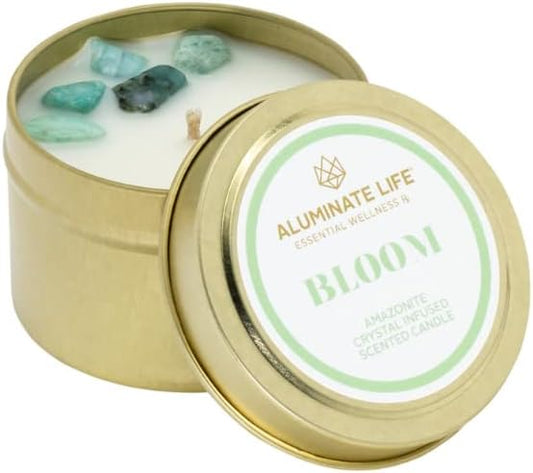 Aluminate Life Luxury Candle Tin, 4 OZ, Bloom - Amazonite Crystal Infused - Scents of Lavender, Neroli, and Jasmine - Hope, Discovery, & Growth - Coconut Wax Blend, Essential Oils, Dr. Developed