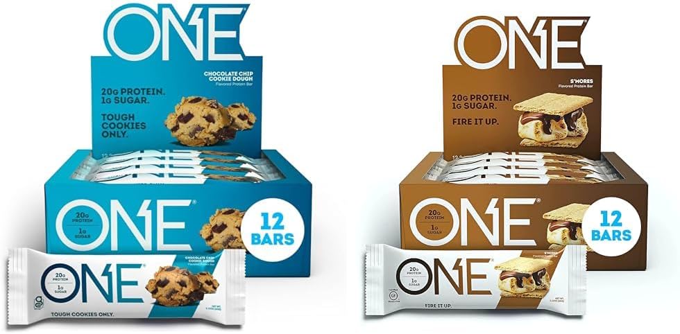ONE Protein Bars, Chocolate Chip Cookie Dough, Gluten Free Protein Bars with 20g Protein & Protein Bars, Smores, Gluten Free Protein Bars with 20g Protein and only 1g Sugar
