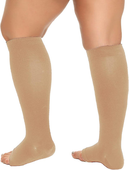 Plus Size Compression Socks for Women & Men, 20-30mmHg Wide Calf Extra Wide Toeless Support Compression Stockings for Circulation Pain, Nude, 3XL