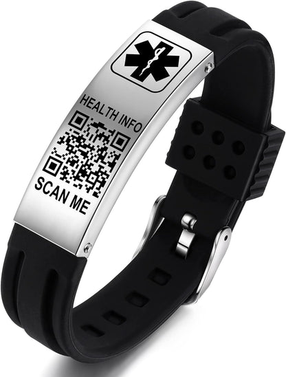 Medical Bracelets for Men Women with QR Code Medical Alert ID Bracelets Sport Boy Girl - Silicone Waterproof Wristband Fits Wrists Up to 9 inches - More Space Custom Emergency Medical ID Alert Information