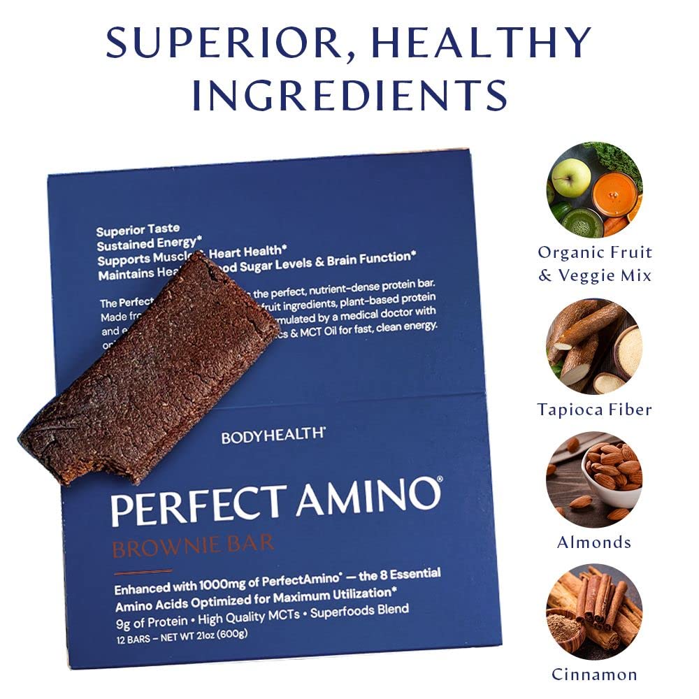 BodyHealth Perfect Amino Bar (Cocoa Brownie Bar, 12pk) : A Protein Energy Snack with 10g of protein | Plant Based MCT's | Superfood Blend | Kosher | 1000mg PerfectAmino per bar!