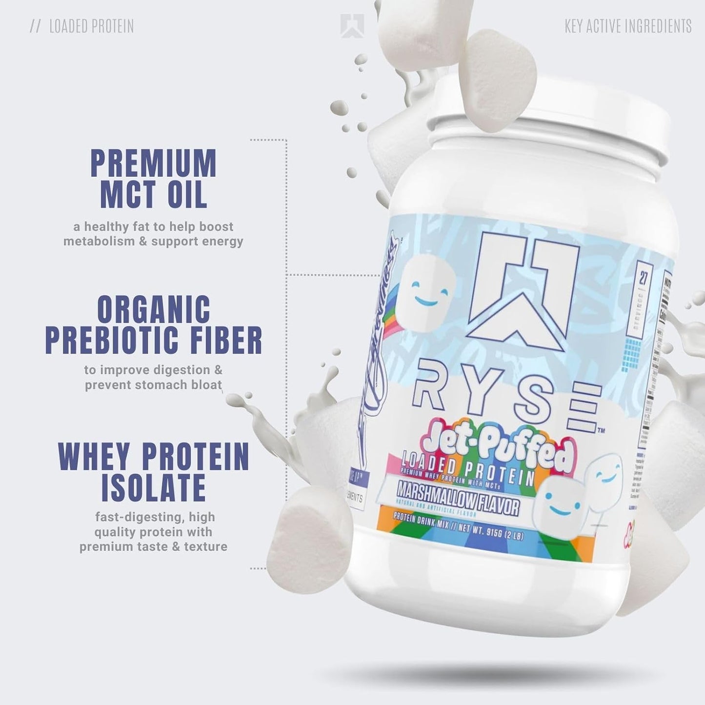 RYSE Up Supplements Loaded Protein Powder | 25g Whey Protein Isolate & Concentrate | with Prebiotic Fiber & MCTs | Low Carbs & Low Sugar | 27 Servings (Marshmallow)