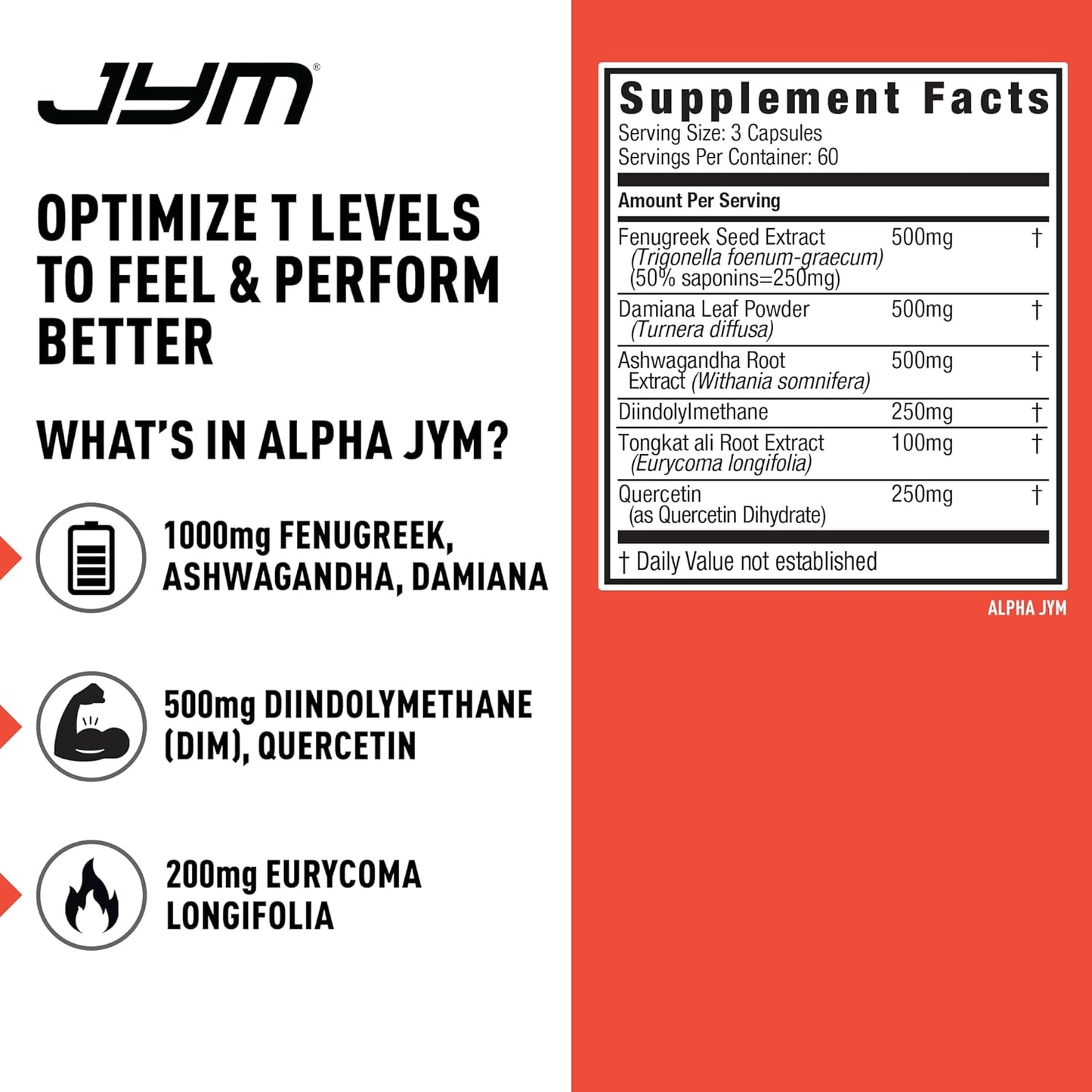Alpha JYM Testosterone Support | Male Vitality, Hormone Optimization, Ashwagandha, Fenugreek, Eurycoma, Damiana, Quercetin, DIM | JYM Supplemental Science | 180 Vegetarian capsules