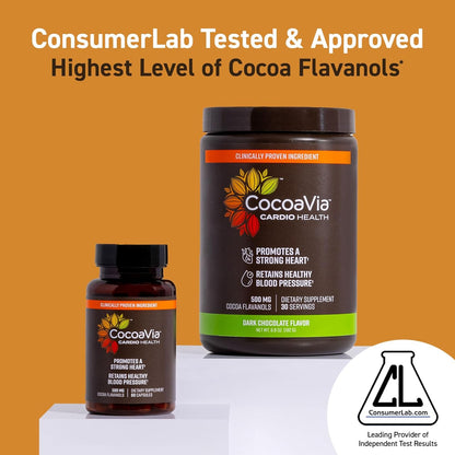 CocoaVia Cardio Health Supplement, 60 Day, 500mg Cocoa Flavanols, Support Heart Health, Boost Nitric Oxide, Blood Circulation, Energy, Vegan, Dark Chocolate, 120 Capsules