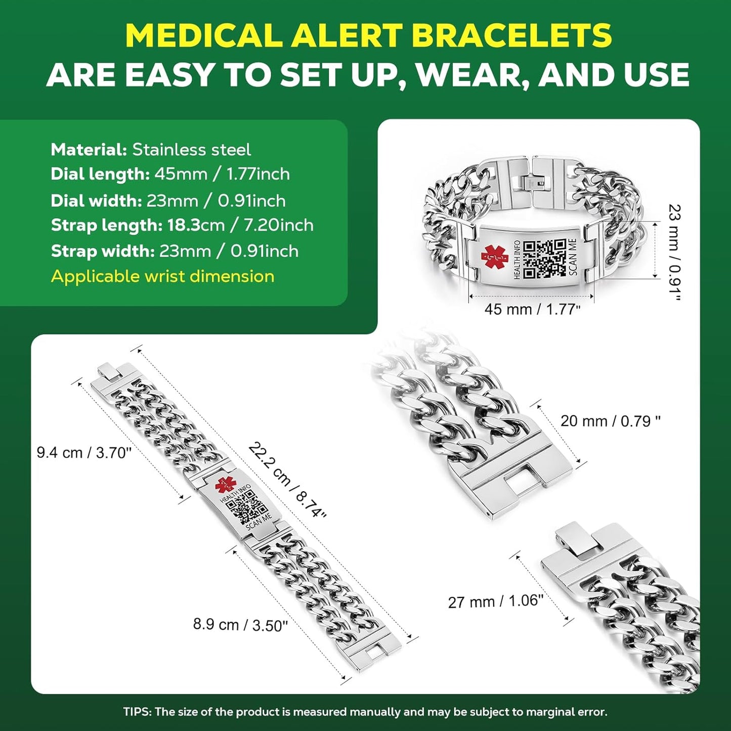 Upgraded Medical Bracelets Men Women with QR Code Medical Alert ID Bracelets - Titanium Steel Wristband Fits Wrists Up 8''-10'' - More Space Custom Emergency Medical ID Info