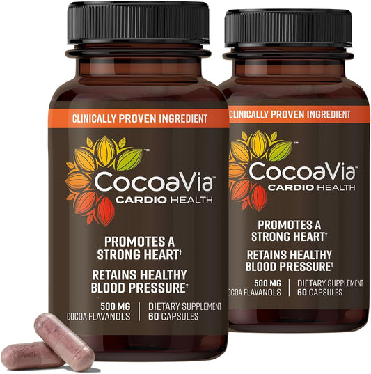 CocoaVia Cardio Health Supplement, 60 Day, 500mg Cocoa Flavanols, Support Heart Health, Boost Nitric Oxide, Blood Circulation, Energy, Vegan, Dark Chocolate, 120 Capsules