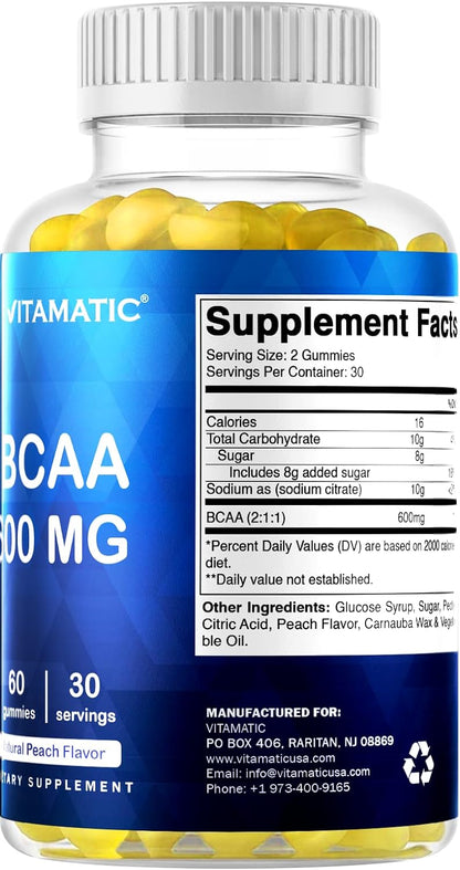 Vitamatic BCAA Gummies - Branch Chain Amino Acid Supplements - Peach Flavor - 600mg per Serving - 60 Vegan Pectin Based Gummies (1 Bottle)