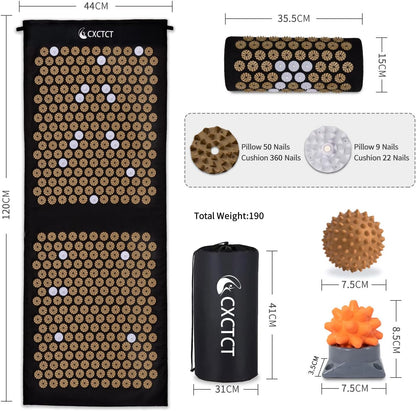 Extra Long Yoga Acupressure Mat Set,Massage Acupuncture Mat Large,Magnetic Mat Acupressure Body mat and Pillow for Neck Back Pain Relief(Gold)