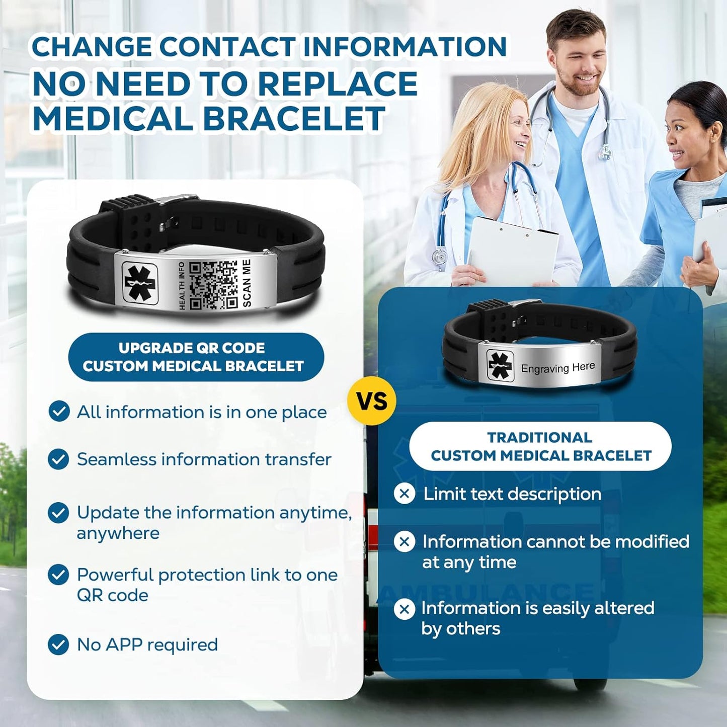 Medical Bracelets for Men Women with QR Code Medical Alert ID Bracelets Sport Boy Girl - Silicone Waterproof Wristband Fits Wrists Up to 9 inches - More Space Custom Emergency Medical ID Alert Information