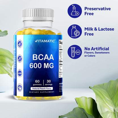 Vitamatic BCAA Gummies - Branch Chain Amino Acid Supplements - Peach Flavor - 600mg per Serving - 60 Vegan Pectin Based Gummies (1 Bottle)
