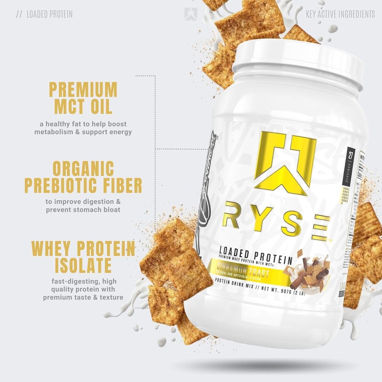 RYSE Up Supplements Loaded Protein Powder | 25g Whey Protein Isolate & Concentrate | with Prebiotic Fiber & MCTs | Low Carbs & Low Sugar | 27 Servings (Cinnamon Toast)