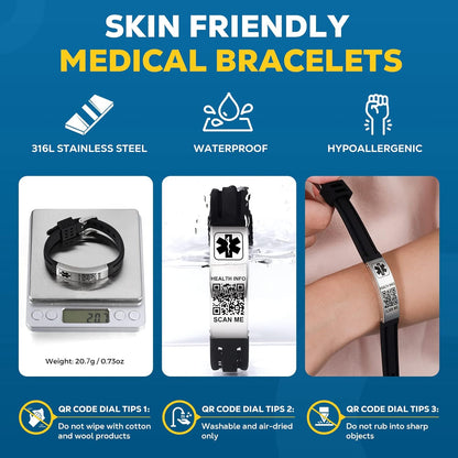 Medical Bracelets for Men Women with QR Code Medical Alert ID Bracelets Sport Boy Girl - Silicone Waterproof Wristband Fits Wrists Up to 9 inches - More Space Custom Emergency Medical ID Alert Information