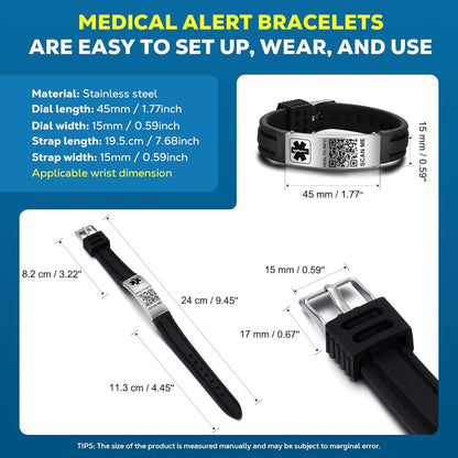 Medical Bracelets for Men Women with QR Code Medical Alert ID Bracelets Sport Boy Girl - Silicone Waterproof Wristband Fits Wrists Up to 9 inches - More Space Custom Emergency Medical ID Alert Information