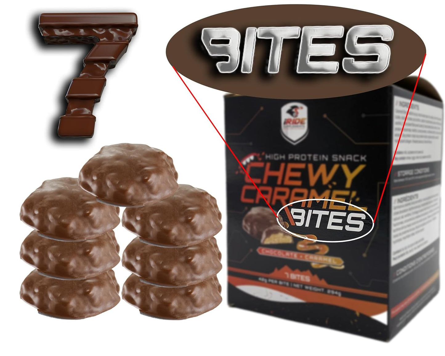 iRide Supplements - High Energy High Protein Chocolate Caramel Bites with Low Sugar - Chewy cookies - The Perfect Balanced Snacks Delicious High Protein Diets - 42g (7 Pack)