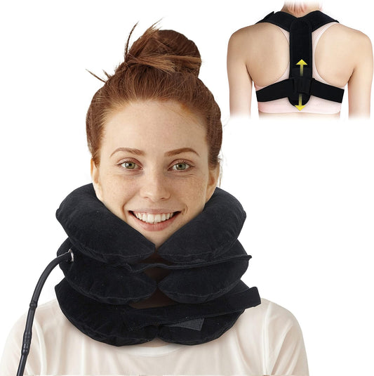 FSA HSA Approved Cervical Neck Traction Device and Posture Corrector for Women & Men, Neck Stretcher For Neck Pain & Shoulder Relaxer, Inflatable Neck Brace For Neck Decompression (Carbon Black)