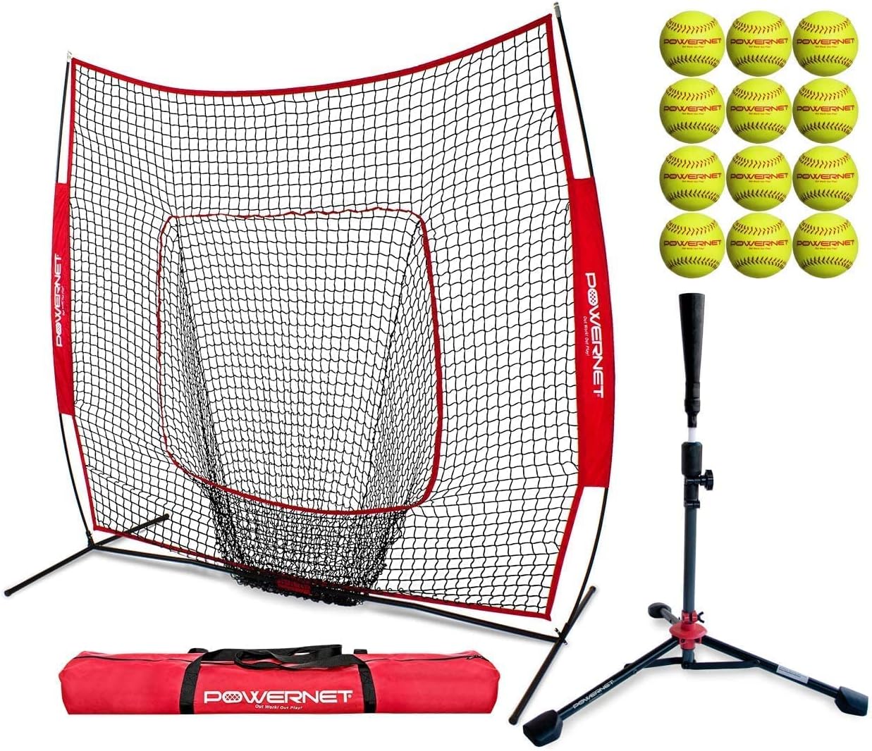 PowerNet Baseball Softball Practice Net 7x7 with Travel Tee and 12 Pack Softballs Bundle | Practice Hitting, Pitching, Batting, Fielding | Training Equipment Gear