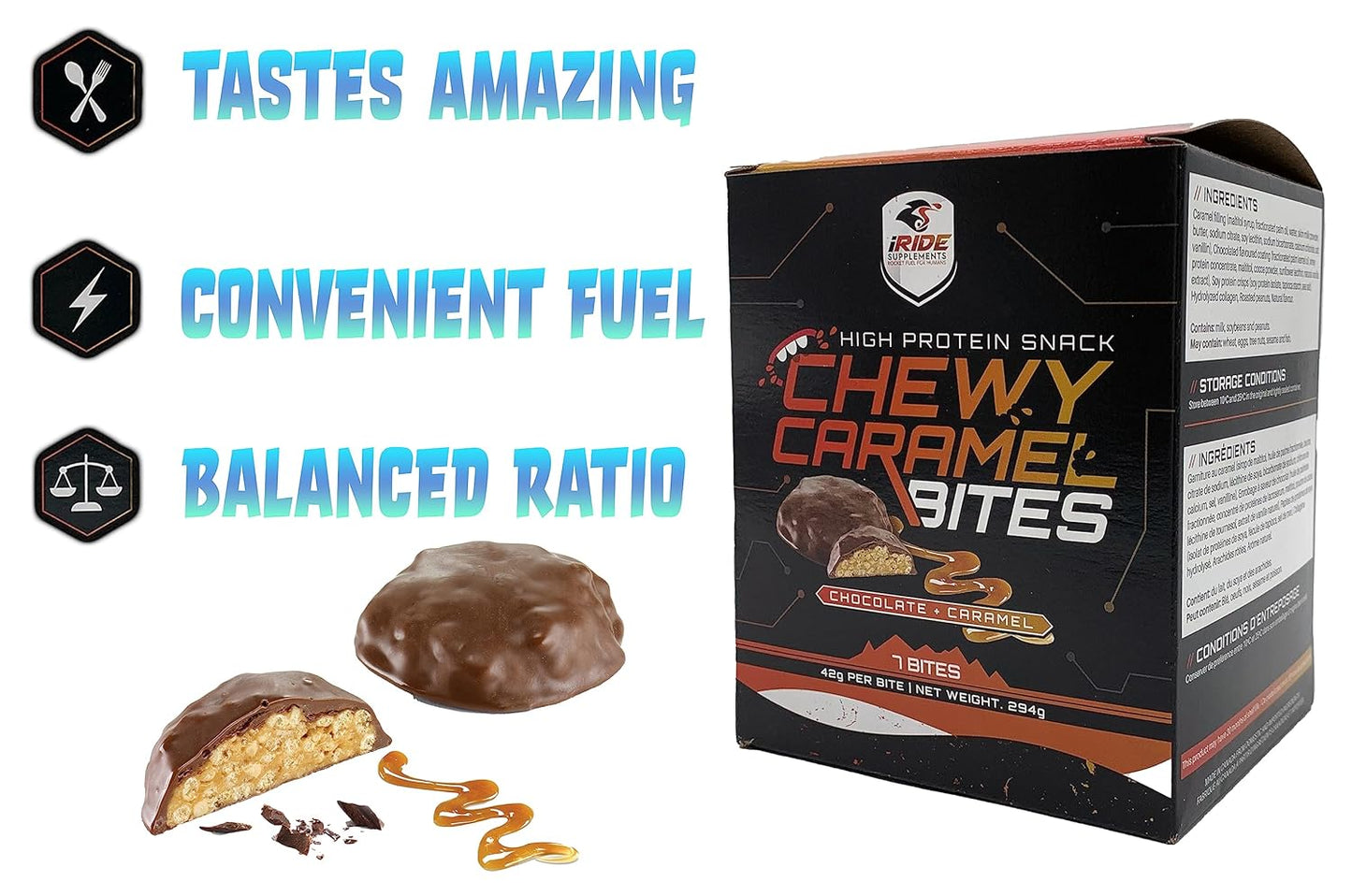 iRide Supplements - High Energy High Protein Chocolate Caramel Bites with Low Sugar - Chewy cookies - The Perfect Balanced Snacks Delicious High Protein Diets - 42g (7 Pack)
