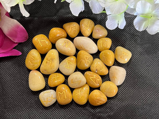 WholesaleGemShop Yellow Agate Rune Set in Multi Gemstones with Velvet Bag