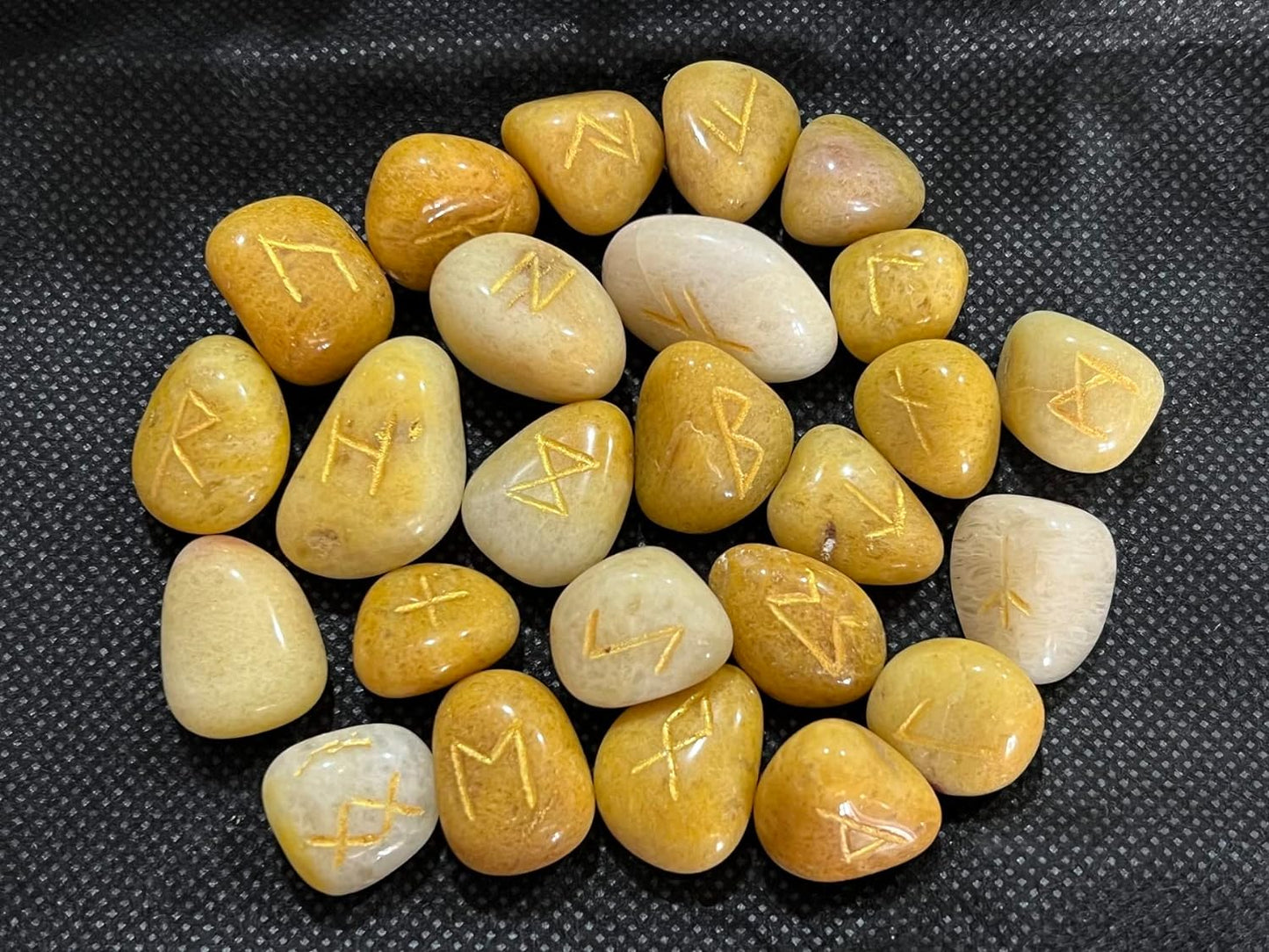 WholesaleGemShop Yellow Agate Rune Set in Multi Gemstones with Velvet Bag