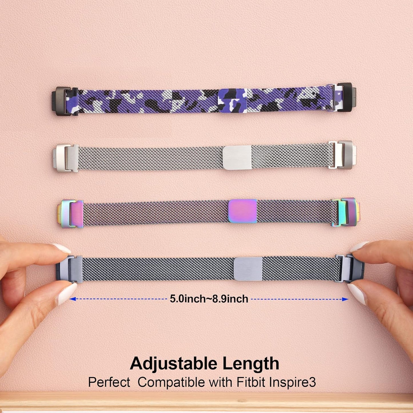 Wongeto for Fitbit Inspire 3 Bands Women Men, Stainless Steel Metal Mesh Loop Adjustable Magnetic Wristband Replacement Strap for Fitbit Inspire 3 Fitness Tracker